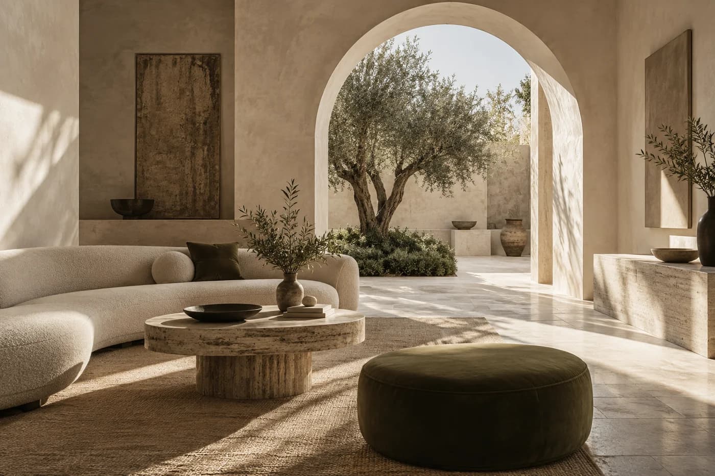 Intérieur en pierre claire ouvert sur un patio et un olivier, concept Atelier Forma