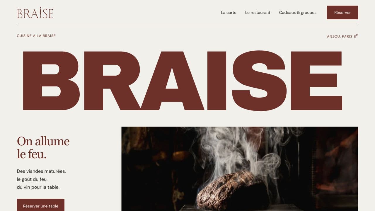 Aperçu du site Braise Paris : grand titre rouge, fond crème et photographie de cuisine à la braise.